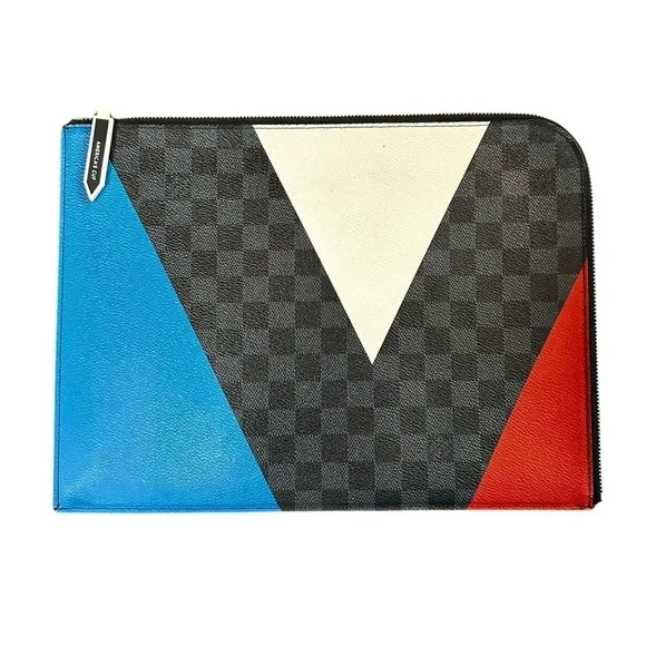 Authentic Louis Vuitton Damier Cobalt Red Blue & White Leather Cup Large Clutch - Picture 8 of 12